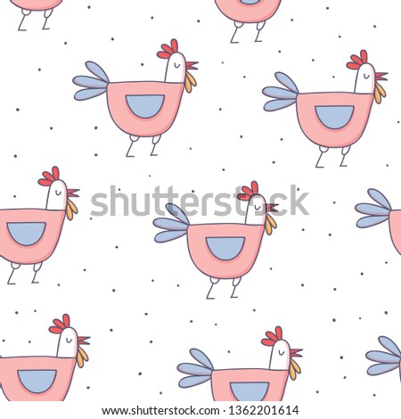 Cute cartoon rooster seamless pattern in doodle sketchy style. Childish print for nursery, kids apparel, poster, postcard. Vector Illustration - Vector