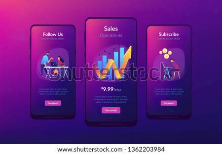 Sales managers with laptops and growth chart. Sales growth and manager, accounting, sales promotion and operations concept on white background. Mobile UI UX GUI template, app interface wireframe