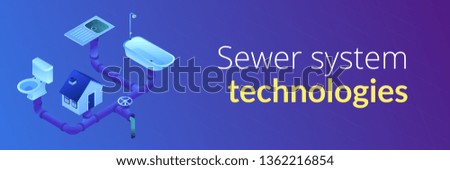 House sewage system with pipes, sink, bath and toilet. Sewerage system, domestic wastewater service, sewer system technologies concept. Isometric 3D banner header template copy space.