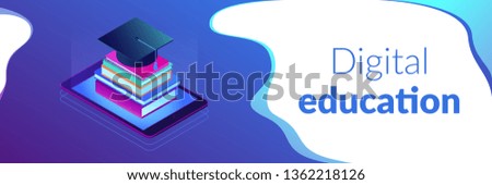 Online education with tablet and stack of books, academic cap on it. Digital education, online courses growing, e-school graduation concept. Isometric 3D banner header template copy space.