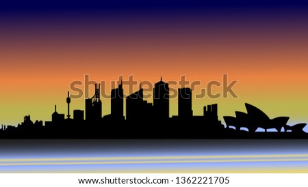 Evening Sydney in silhouette.Colorful vector illustration of the beautiful city of Sydney at sunset.