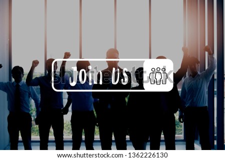 Group of business people with arms crossed in office - with Join Us word