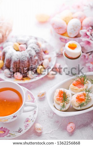 Easter cake and  eggs with salmon