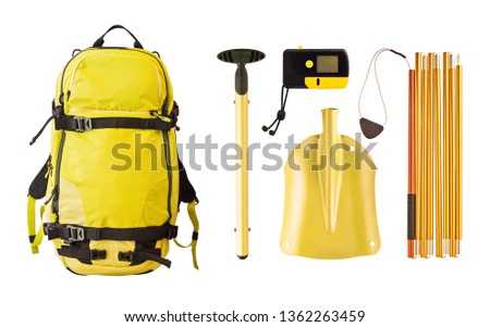 Set of avalanche equipment and gear for freeride. Backpack, shovel, probe and transceiver isolated on white background Royalty-Free Stock Photo #1362263459