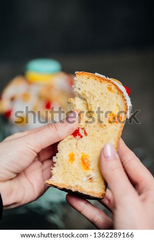 happy easter sunday, Easter cake, light spring photography with Easter desserts. Congratulatory Easter cake, Traditional Kulich, Paska ready for celebration