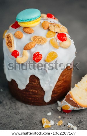 Easter cake, light spring photography with Easter desserts. Congratulatory Easter cake, Traditional Kulich, Paska ready for celebration