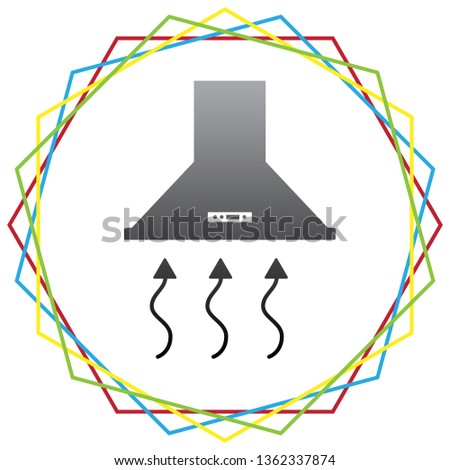 Exhaust hood. Range hood. Kitchen ventilation sign. Vector. Black icon with patch of light inside colorful hexagonal frames at white background.