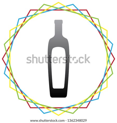 Olive oil bottle sign. Vector. Black icon with patch of light inside colorful hexagonal frames at white background.