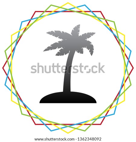 Coconut palm tree sign. Vector. Black icon with patch of light inside colorful hexagonal frames at white background.