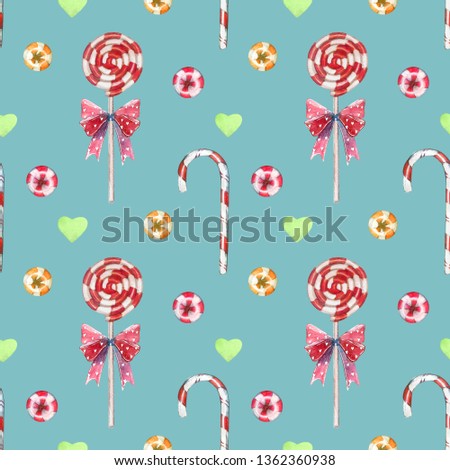Watercolor seamless pattern made of red swirl lollipop sucker stick with a bow and hearts on blue background. Good for packing and decorating birthday parties