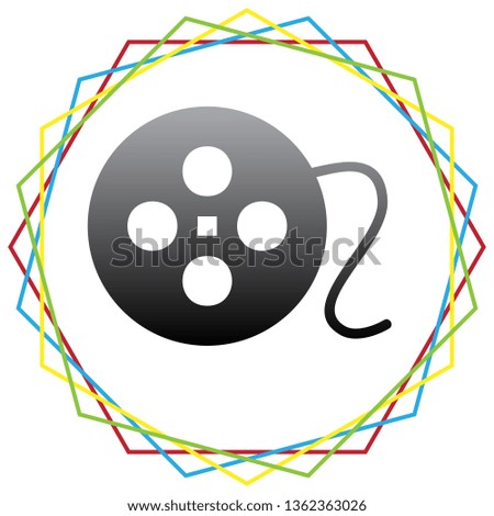 Film circular sign. Vector. Black icon with patch of light inside colorful hexagonal frames at white background.