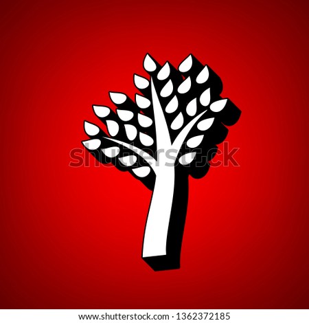 Tree sign illustration. Vector. Perspective view of white icon with black outline at reddish background.