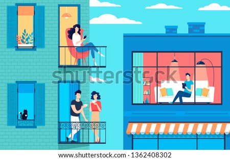 Modern city buildings windows and young people  Royalty-Free Stock Photo #1362408302