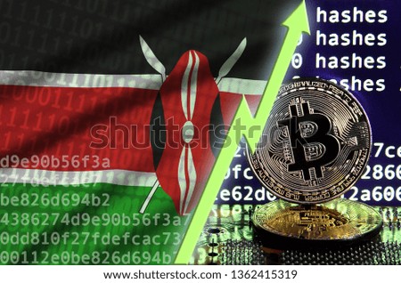 Kenya flag and rising green arrow on bitcoin mining screen and two physical golden bitcoins