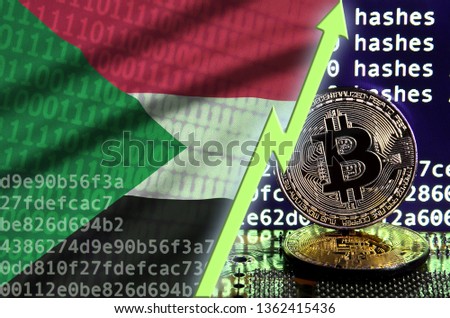Sudan flag and rising green arrow on bitcoin mining screen and two physical golden bitcoins