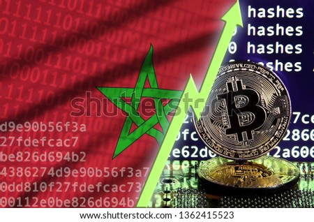 Morocco flag and rising green arrow on bitcoin mining screen and two physical golden bitcoins