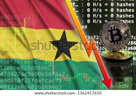 Ghana flag and falling red arrow on bitcoin mining screen and two physical golden bitcoins