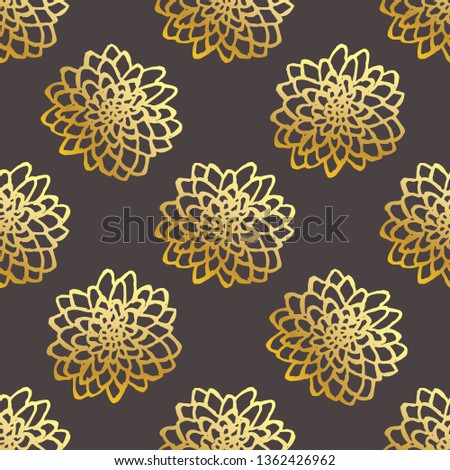 Seamless pattern with handdrawn chrysanthemums. Golden flowers on black background. Suitable for packaging, wrappers, fabric design. Vector illustration