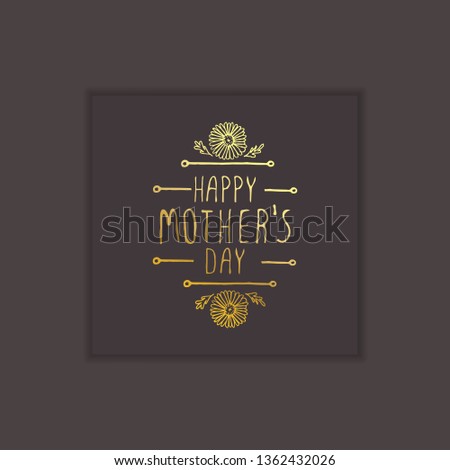 Happy mothers day hand drawn golden element with flowers on black background. Suitable for print and web