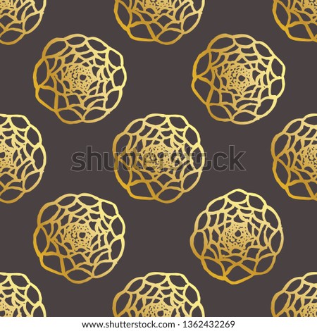 Seamless pattern with hand drawn ranunculus. Golden flowers on black background. Suitable for packaging, wrappers, fabric design. Vector illustration