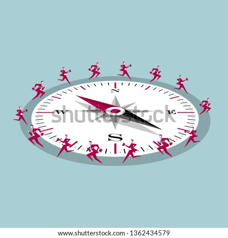 A group of businessmen ran around the compass. Isolated on blue background.