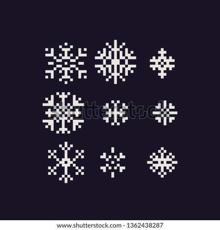Snowflake pixel art icons set, element design for logo mobile app, stamp, web, sticker. Isolated 80s abstract vector illustration. 1-bit sprites.