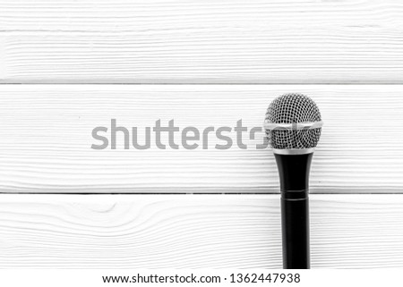 blogger, journalist or musician office desk with microphone on white background top view copyspace