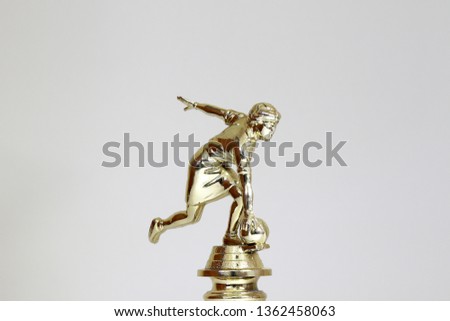 Golden bowling award cup over white background for bowling champion. Gold bowling trophy