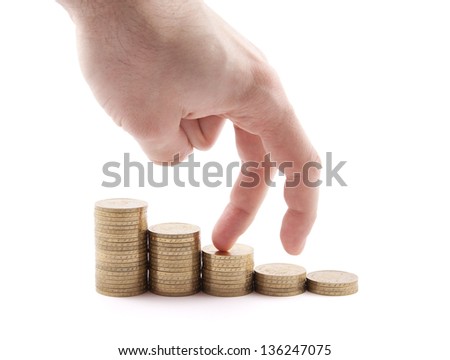 Hand and money staircase isolated on white