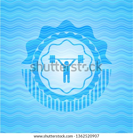 weightlifting icon inside sky blue water wave badge background.