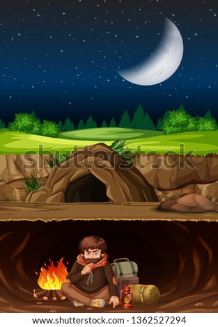 A man camping in the cave illustration