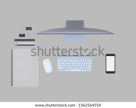 Top view working space table with computer mobilephone and office appliances on gray background. Top view, flat lay, minimal.