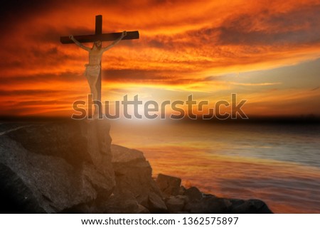 Crucifixion Jesus Christ is on the mountain at sunset, an abstract concept.