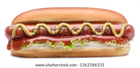Hot dog - grilled sausage in a bun with sauces isolated on white background. Royalty-Free Stock Photo #1362586331