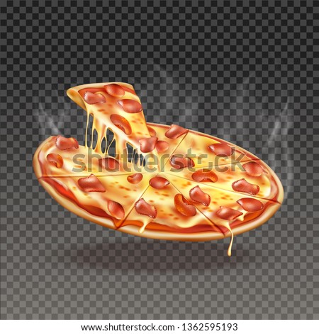 Realistic juicy pizza with cheese and pepperoni. Italian delicious round meal. Vector tasty restaurant menu design decoration element. Traditional Italian cuisine on transparent background. Royalty-Free Stock Photo #1362595193