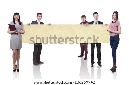 Group of business people presenting something. Isolated on white.