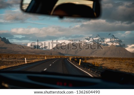 View from car on road in countryside in Iceland