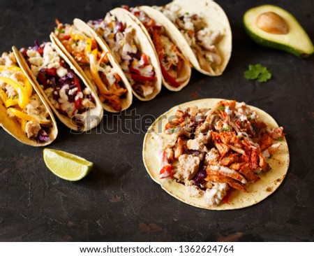 Varied traditional mexican corn tacos flat lay composition