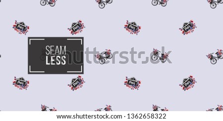 Seamless pattern with vintage signboard with rose flowers and city bike with basket with flowers. French symbols hand drawn illustrations. Watercolor style vector background.