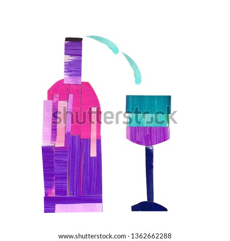 bottle of wine with a glass with a spray in the technique of collage, raster illustration for the design of the menu, bar.