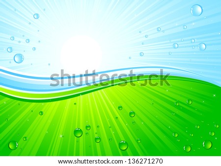 Sunburst background with drops, illustration.