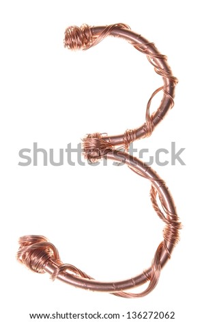 Twisted copper wire in the shape of a number three