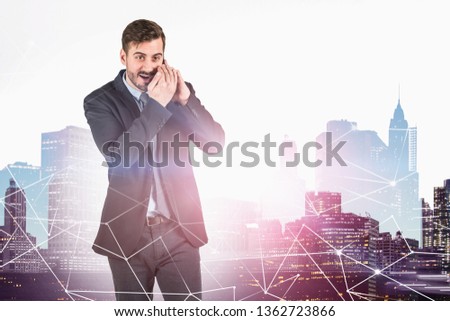 Businessman telling secret on smartphone standing over cityscape background with network hologram. Concept of telecommunication. Toned image double exposure