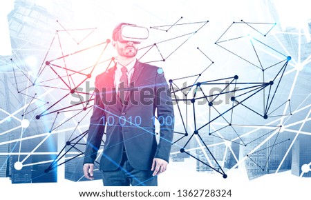 Businessman in virtual reality headset over cityscape background with network hologram and binary code. Concept of computer engineering and social network. Toned image double exposure