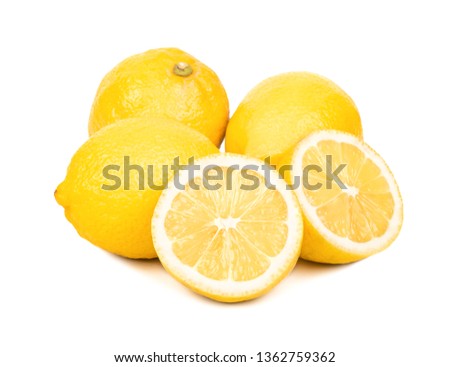 Multiple lemon fruit with two halves on white background