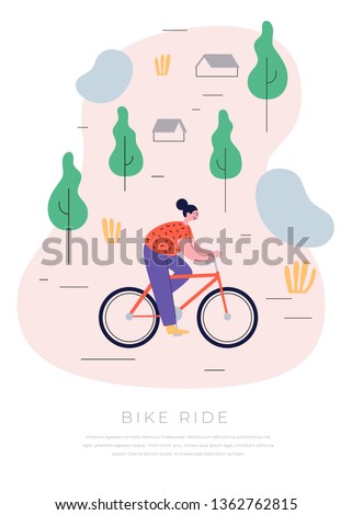Young cheerful girl riding her bike through the countryside. The concept of an active lifestyle. Ecological mode of transport. Vector illustration in trendy flat style.