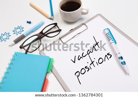 Office desk table with supplies. Flat lay Business workplace and objects. Top view. Vacant positions - Image