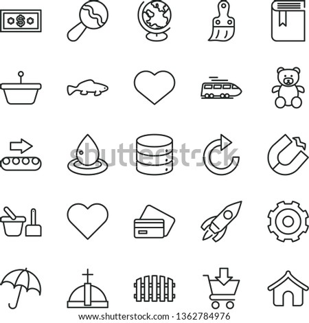 thin line vector icon set - heart symbol vector, truck lorry, clockwise, book, beanbag, toy sand set, teddy bear, plastic brush, fence, umbrella, big data, put in cart, small fish, drop of oil, pan