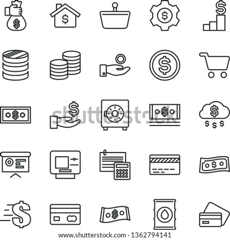 thin line vector icon set - bank card vector, dollar, calculation, strongbox, coins, oil, shopping cart, basket, reverse side of a, column, get wage, catch coin, cash, financial report, rain, gear