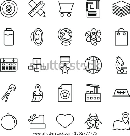 thin line vector icon set - heart symbol vector, loudspeaker, adjustable wrench, plastic brush, writing accessories, earth, pile, cart, tangerine, charge level, industrial building, wall calendar